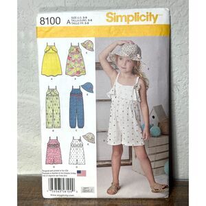 Simplicity 8100 A Sewing Pattern Babies Romper Dress Hat Outfits Uncut Size 3-8